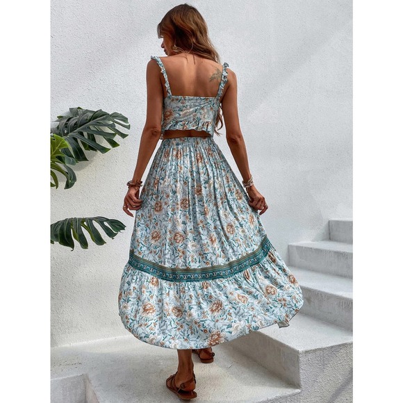 2 piece set: Floral Print Tie Front Cami crop Top & Ruffle Hem midi Skirt blue - Picture 4 of 7